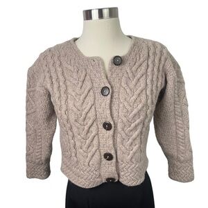 Vintage Carriagdonn Ireland Beige Girls Merino Wool Cable Knit Cardigan Sweater
